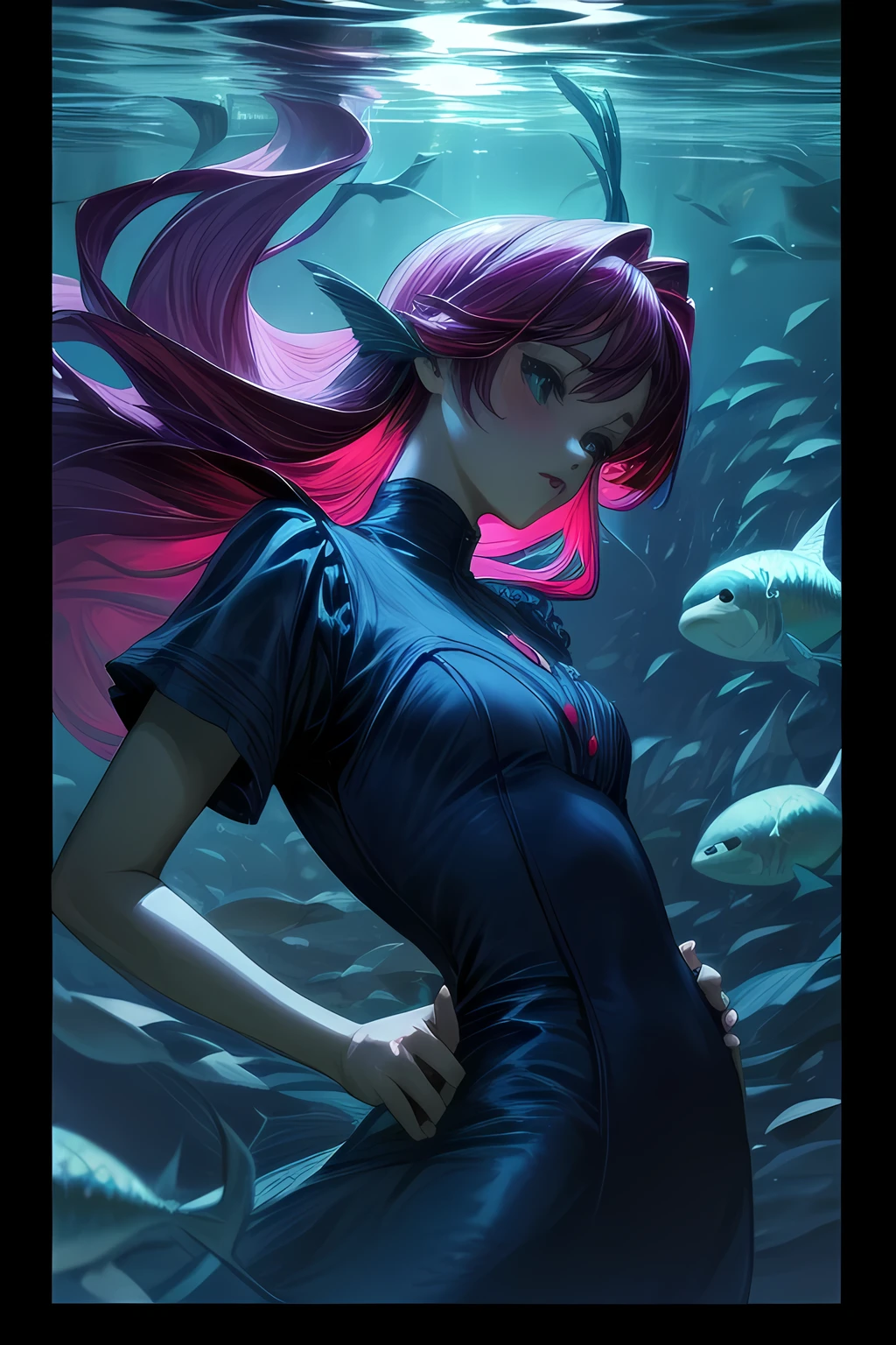 The Little Mermaid, under the sea, detailed fish fin, high-neck shirts, front view, Hi3GB