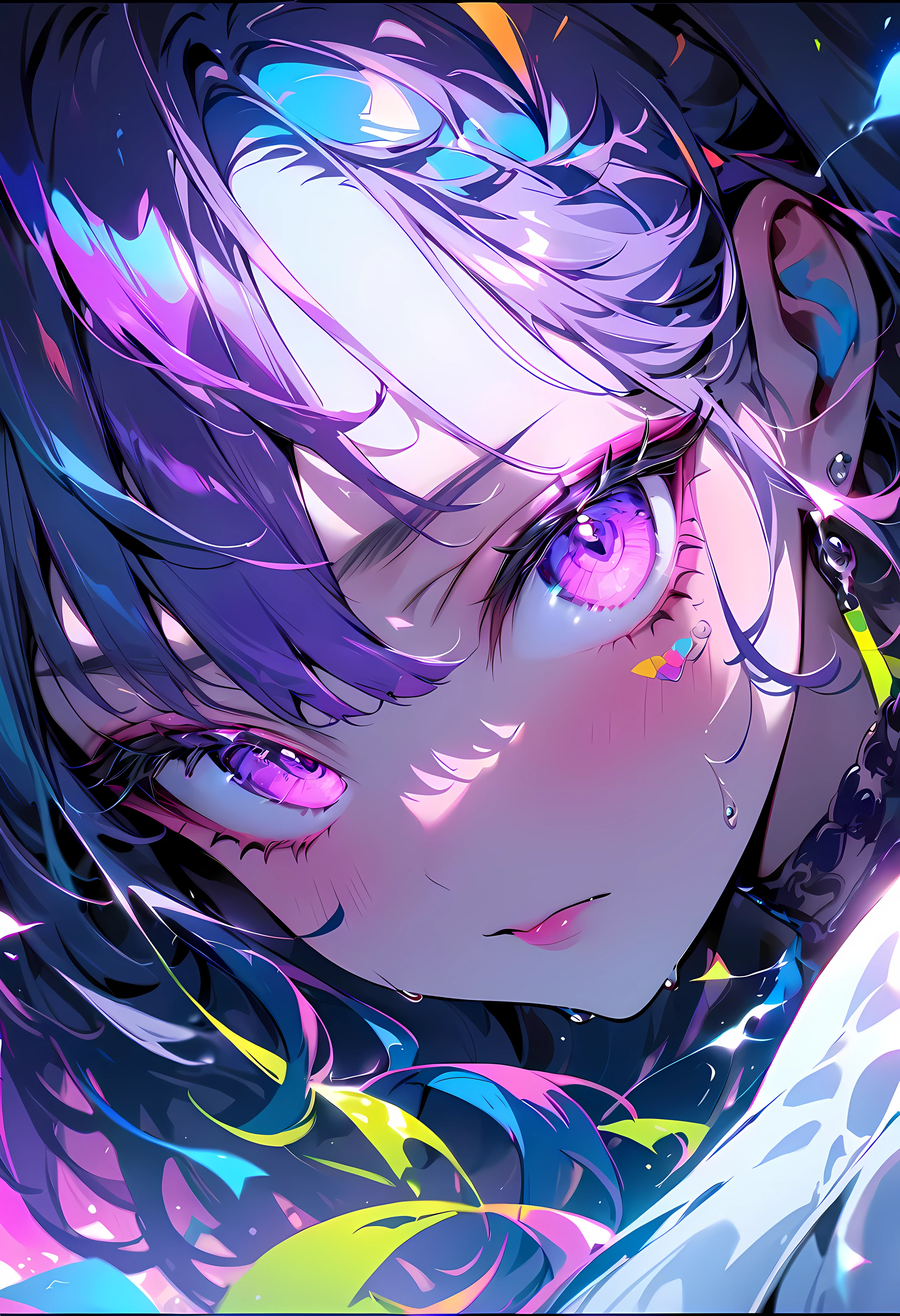 1 girl, Colorful theme, synthwave sky,(best quality, high quality, High resolution), actual, Super detailed, Highly detailed facial features, Ridiculous, actual lighting and reflections, Highly detailed facial features, see through shirt, best photos,high quality illustration