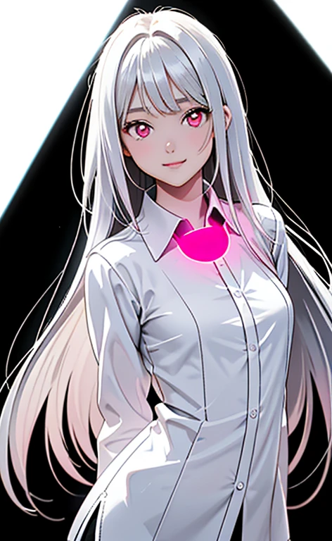 (Photorealistic:1.4)、asuna,(masterpiece、lens flare:1.5、spot light:1.2、Exquisite beautiful eyeonochrome:1.5,portlate、)、Cute Face、 3D Face、(pearl white hair:1.5、Straight Hair)、(1 Girl)、(Red eyes:1.2)、(cowboy shot)、(fingersmile),()、 (Cute face:1.2),(small breasts),(),kind face,(pearl white collared shirt),(black background:1.5)、(glowing eyes:1.3)、()、 Neat and clean、Adorable、Slim Body(Tareme:1.5),Shiny Hair、(Glowing pink Skin)、Nijisketch,Manga,zydG