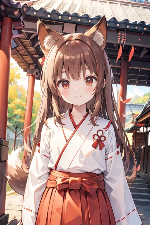 Red Hakama、Fox Ears、Light brown hair、6 、、smile、shrine