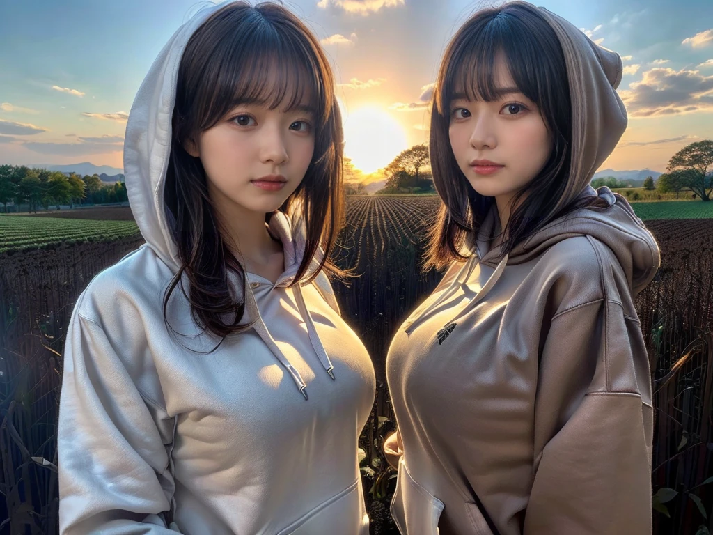 ((top-quality、8K、masterpiece:1.3))、1girl in、Beautiful woman standing on snowy mountain:1.3、(brown long-haired、Colossal tits:1.4)、(Big Silhouette M51 Field Hoodie:1.5)、Super delicate face、Delicat eyes、double eyelid、Close-up of upper body from below、Sunset、(2girls)