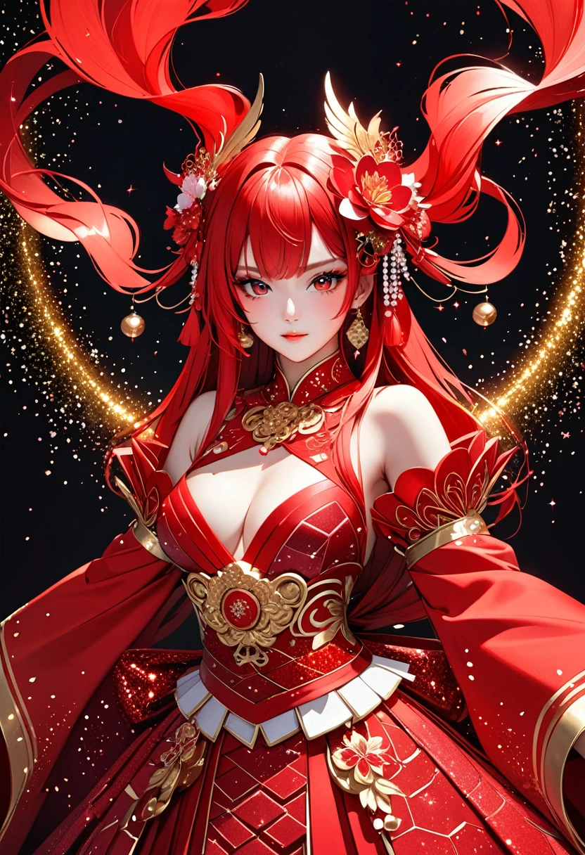 (masterpiece, best quality:1.1),
(ultra highres, ultra-detailed:1.2) ,japanese goddess of dance,Mannequin Face,hair ornaments,japanese vermilion clothes,cube pattern costume,BREAK,detailed hand,Holding bells in both hands,Scarlet aura,divine,beautiful effects,Alluring,black Background,dynamic pose,(Glitter:1.5) ,(red sparkle:1.5) ,red sprite,