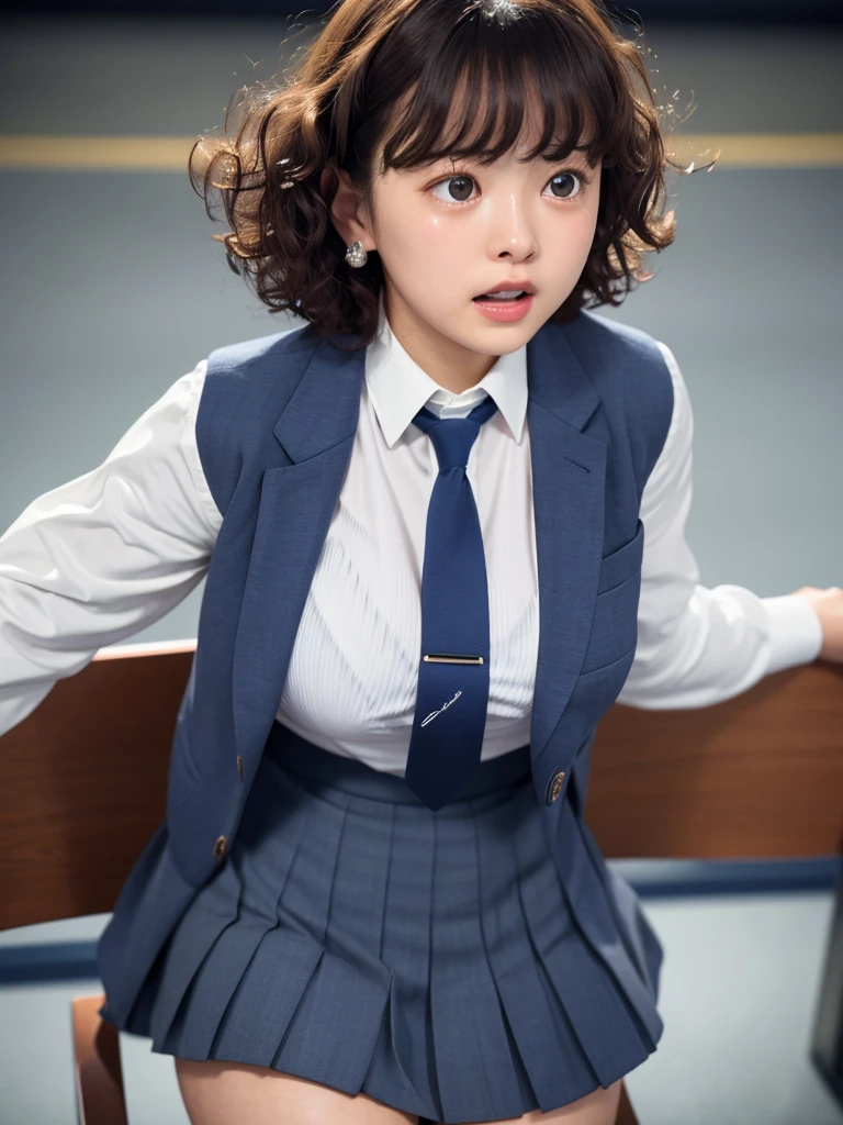 8K, best quality, real image, Intricate details, Super detailed, Ultra-high resolution, depth field,(Practical), (Practical:1.2), (whole body:1.3), (crying face:1.3), (tears:1.2), (lament:1.3), sit on the chair, 1 Japanese girl, (Small Eyes:1.2), Very beautiful 17 year old girl, (Beautiful breasts:1.5, Very detailed eyes:1.2), (Beautiful breasts:1.1), (Small Breasts:1.2), (curls)、(curls)、Bangs, Perfect skin, White skin,( Huge buttocks:1.1), (Thick thighs:1.1), (Thick Legs:1.1), Tight waist, Solitary, (Knees together), (Put your hands on), Looking at the audience, (School_),(Dark blue suit jacket), (White shirt、Wear a tie), (Grey pleated skirt), (sculptural installation :1.1), Recess