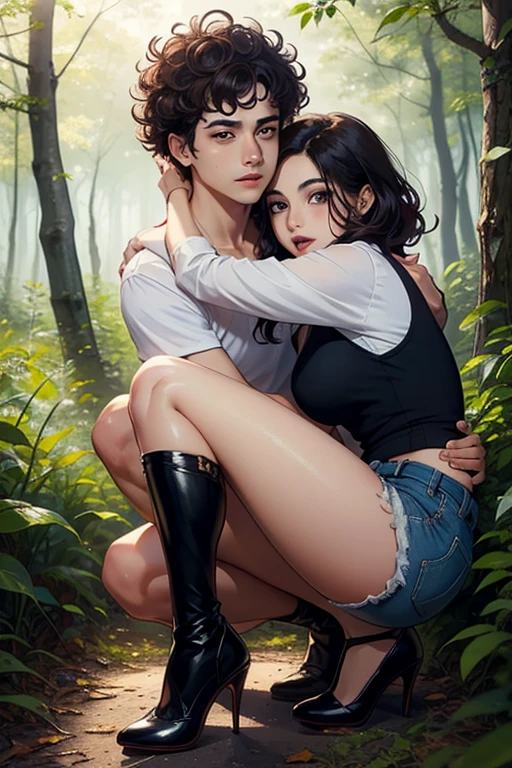 ((best quality)), ((masterpiece)), (detailed), perfect face, Indian age girl with a boy, beautiful eyes, curly hair, chubby body, hot pants, with heels, winking, romance mood, hugging , in a forest