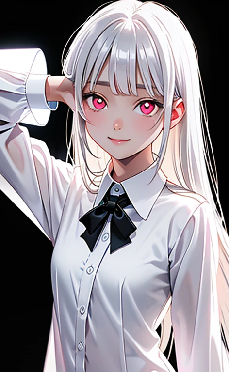 (Photorealistic:1.4)、asuna,(masterpiece、lens flare:1.5、spot light:1.2、Exquisite beautiful eyeonochrome:1.5,portlate、)、Cute Face、 3D Face、(pearl white hair:1.5、Straight Hair)、(1 Girl)、(Red eyes:1.2)、(cowboy shot)、(fingersmile),()、 (Cute face:1.2),(small breasts),(),kind face,(pearl white collared shirt),(black background:1.5)、(glowing eyes:1.3)、()、 Neat and clean、Adorable、Slim Body(Tareme:1.5),Shiny Hair、(Glowing pink Skin)、Nijisketch,Manga,zydG
