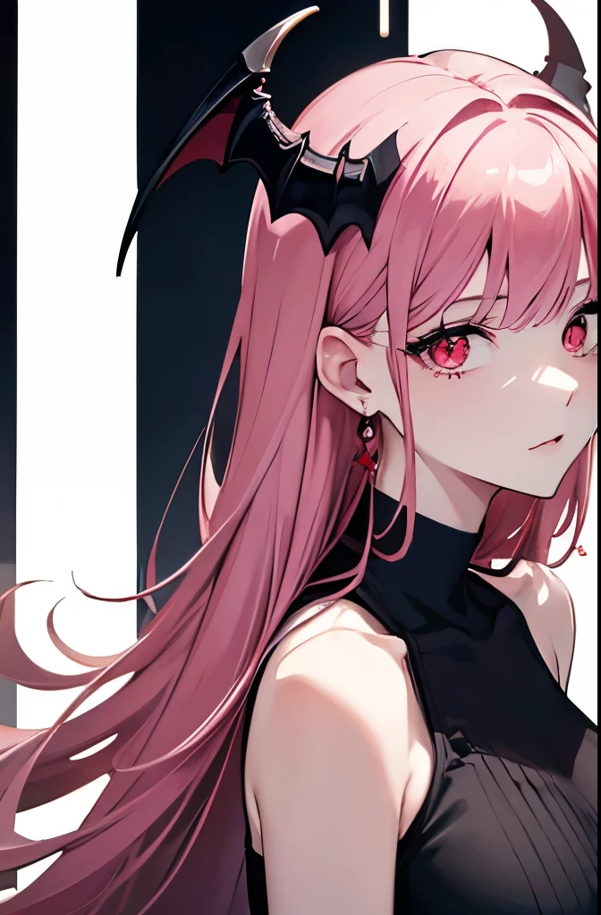 Cover magazine, score_9, score_8_up, score_7_up, score_6_up, score_5_up, score_4_up, vampire, red eyes, slit pupils, pink hair, long hair, bare shoulders, jewelry, earrings, black dress, big , woman, adults, demon horn, half body, upper body, half body potrait, adult woman, independent woman, cool woman, adult, Onee-san, modern style, stylish, middle age women