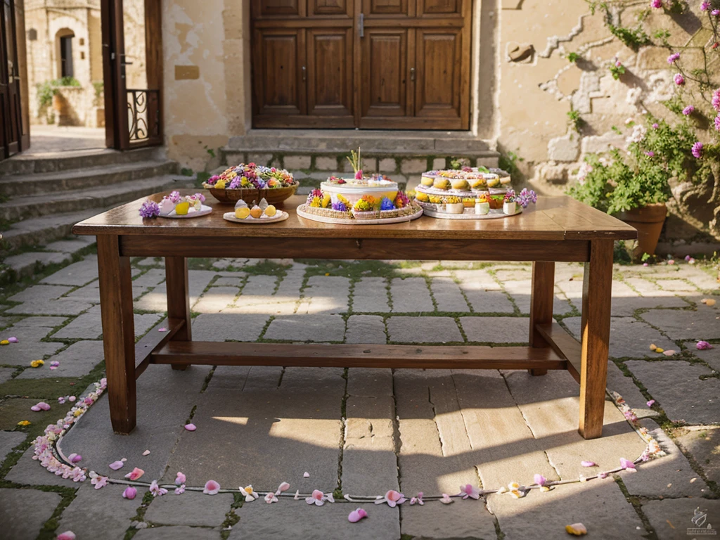 frontal perspective of a wooden table full of colorful flower petals and sweets and little cakes , with the blurry background of an ancient Sicilian village on the tip of the mountain