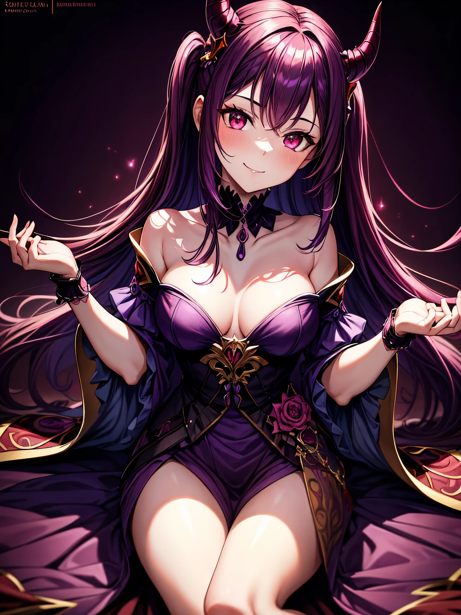 best quality,4K,High Resolution),ultradetailliert,realistisch,portrait, purple with dark red hair succubus in a purple and dark red spring dress with gold embellishments glowing red eyes, leuchtende Farben, delicate features, seductive glance, charming smile, wallende Haare, Sanfte Beleuchtung