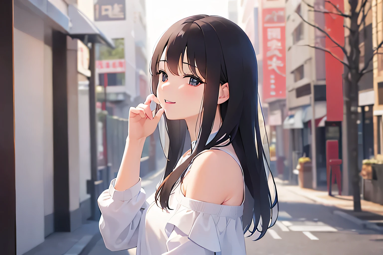 Placing hand on face、5 biologically correct fingers、Upper Body, Realistic, Real person, (Pale skin: 1.2), (RAW Photos:1.5), Realistic, Shiny skin, Shiny Hair、(A 25-year-old woman with straight hair and bangs) and (Medium Hair) and (Black Hair) and (close your eyes:1.5), (white:1.5) and (Off-the-shoulder blouse:1.2), smile, Open your mouth, The background is a park、alone、Are standing information