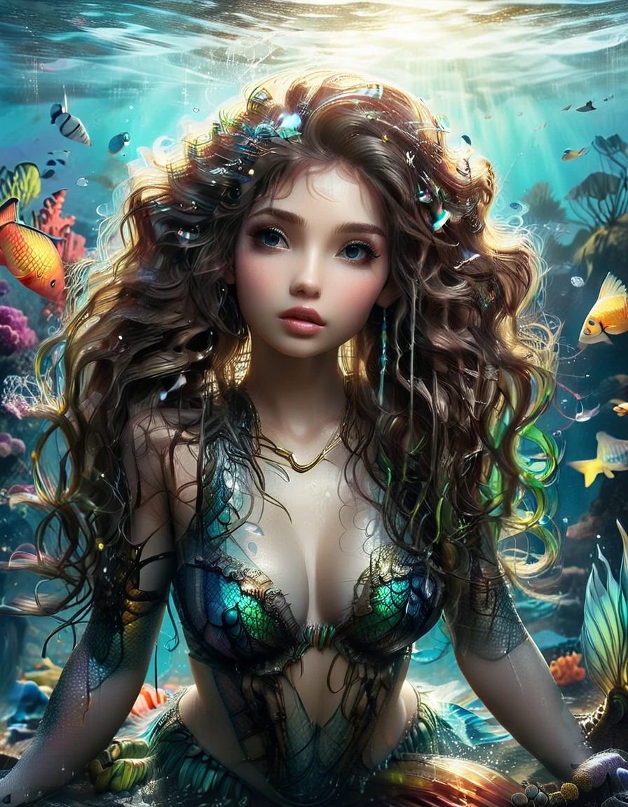 (1A young and breathtakingly beautiful mermaid)、(Full Body Portrait:1.9)、(Underwater light refraction)、(Buoyancy in water)、(dim)、Ideal proportions、Fish body、The body of a fish with scales from the waist down、The faint light、Detailed Mermaid Features、Beautiful details and captivating grey eyes、Beautiful details and luscious lips、Highly detailed eyes and face、Beautiful detailed grey hair、Long eyelashes、Rainbow glowing scales、Elegant kneeling pose、Real、フォトRealistic、フォトRealistic:1.37、(highest quality、4k) 、8k、High resolution、Masterpiece: 1.2)、Super detailed、(Realistic、フォトRealistic、フォトRealistic: 1.37)、Fantasy、Magical Realism、Cinematic lighting、Dramatic lighting、Dramatic color contrast、A little bright color among the dull colors、Intricate details、seamless、Cinematic composition、Award-winning digital art