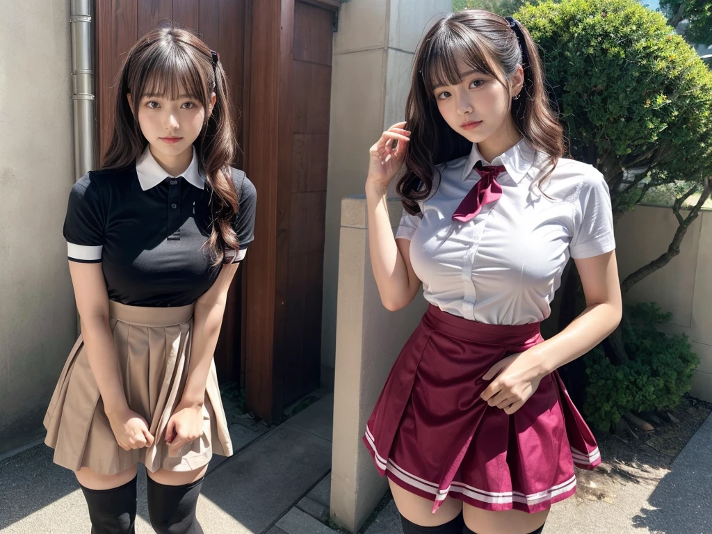 master piece, best quality, illustration, Super detailed, fine details, High resolution, 8K,wall paper, perfect dynamic composition,(Details High quality, realistic depiction of eyes:1.3), (2girls), standing, short hair, (wavy hair:1.2), (short sleeve collared dress shirt,tight skirt,thighhighs,zettai ryouiki:1.4), black hair color, Big Natural Color Lip, bold sexy pose, crying a little, Harajuku style、acrobatic pose, 20 year old girl、cute type、lolita、beautiful legs, gravure idol, Japanese idol, huge breasts