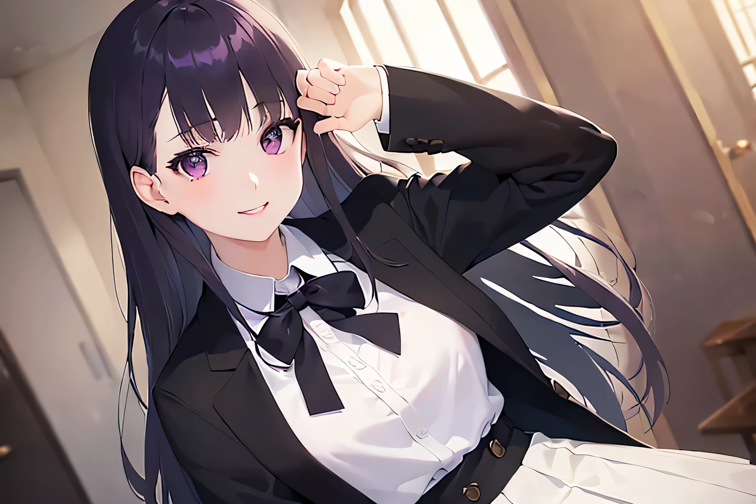 masterpiece, highest quality,
1 girl, alone,
(white background:1.4), looking at the viewer,
smile, blush, clothing lift,skirt lift,lift it yourself, purple_panties,
hagikaze, Ahoge, one side up,
shirt, neck ribbon, short sleeve, vest, black skirt, white gloves,
be quiet,
