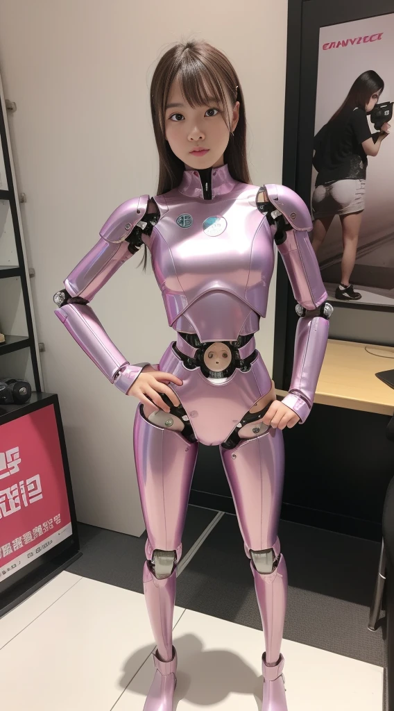 cyborgs, pink there, Silver, Metallic body, Robot Parts, Metal Parts, Super Detailed Face, Super well-formed face, of the highest quality, a small face,, Small head whole body, Brown hair, slenderbody, Camera gaze, Internal Mechanical Exposure, Idol, Well-proportioned body, gravure, Photo session, akihabara, Moe Pose, Standing with legs open, Hands on hips, Model body type, sad, Embarrassing,(Perfect Robot Girl),(Perfect machine body)