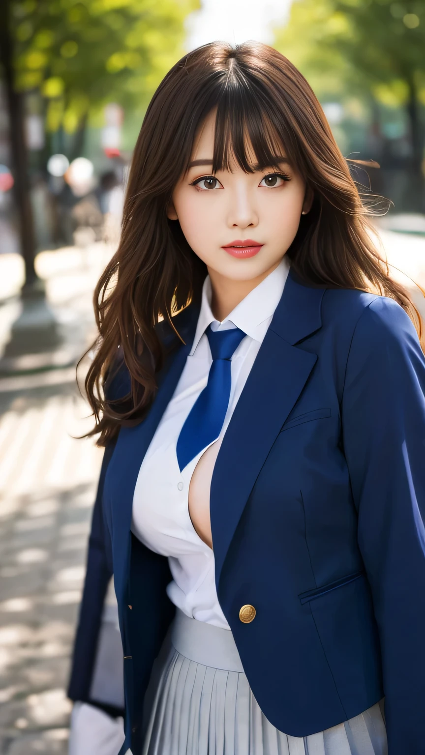 Ulzzang-6500-v1.1, (RAW Photos:1.2), (Photorealistic), (Pieces fly), (Genuine:1.4), 1With a girl、highest quality, The true picture, Intricate details, Very detailed, Ultra-high resolution, Depth Field,(Realistic,Realistic:1.2),Tabletop , Front shot , From the center , 1 girl, eye_Chan, Very beautiful 17 year old girl, Innocent big eyes,、Beautiful very huge face and bigger breasts:1.5、Very detailedなeye:1.2)、(Beautiful breasts:1.1)、Wavy Hair、Curly Hair、bangs、, Perfect Skin, Fair skin, Huge breasts, She caresses her breasts through her clothes.、Anxious expression、Cleavage, Tight waist, Slightly reddish, alone, Looking at the audience, A light smile, ((School_uniform),(Dark Blue Blazer), (White shirt、Wear a tie), (Grey pleated skirt), (Sculptural installation :1.1)