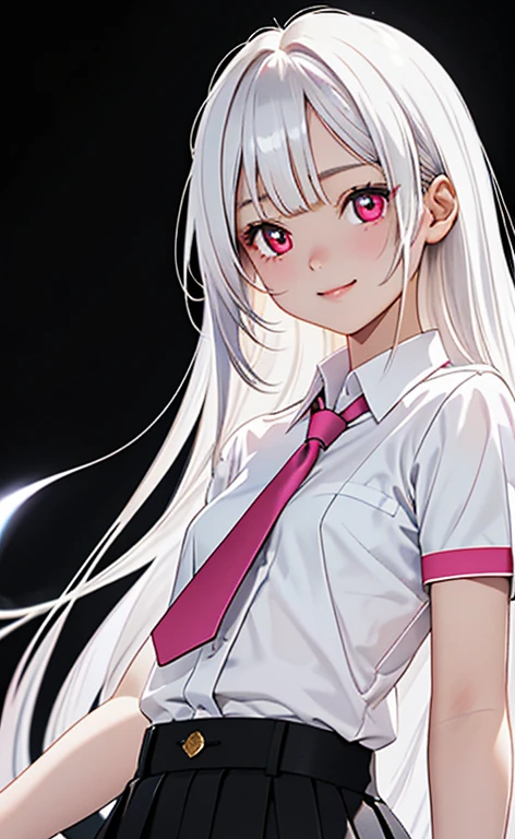 (Photorealistic:1.4)、asuna,(masterpiece、lens flare:1.5、spot light:1.2、Exquisite beautiful eyeonochrome:1.5,portlate、)、Cute Face、 3D Face、(pearl white hair:1.5、Straight Hair)、(1 Girl)、(Red eyes:1.2)、(cowboy shot)、(fingersmile),(don't wear a tie)、 (Cute face:1.2),(small breasts),(),kind face,(pearl white collared shirt),(black background:1.5)、(glowing eyes:1.3)、()、 Neat and clean、Adorable、Slim Body(Tareme:1.5),Shiny Hair、(Glowing pink Skin)、Nijisketch,Manga,zydG