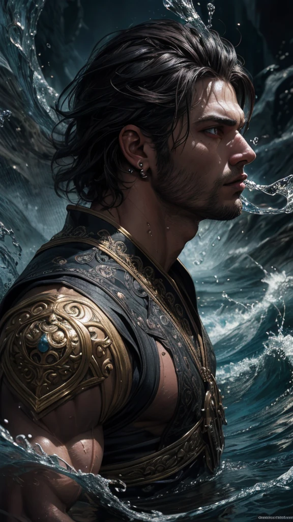 a muscular man with broad shoulders, strong facial features, piercing eyes, full lips, and short dark hair, wearing ornate traditional clothing, water magic elements swirling around him, standing tall and proud, battle-hardened but with a hint of playfulness, detailed portrait, photorealistic, dramatic lighting, fantasy art style, rich vibrant colors, award-winning digital painting