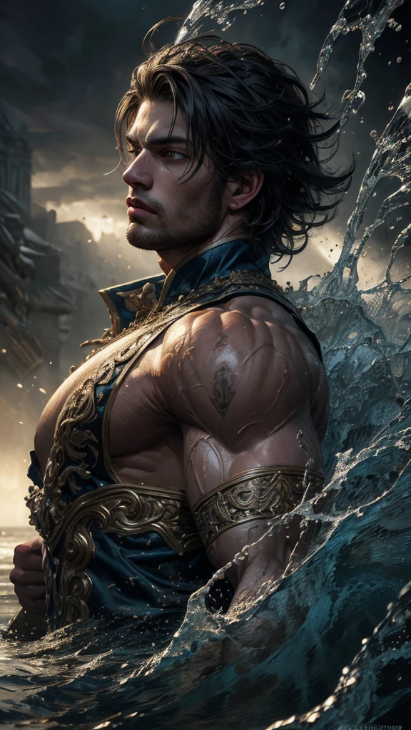 a muscular man with broad shoulders, strong facial features, piercing eyes, full lips, and short dark hair, wearing ornate traditional clothing, water magic elements swirling around him, standing tall and proud, battle-hardened but with a hint of playfulness, detailed portrait, photorealistic, dramatic lighting, fantasy art style, rich vibrant colors, award-winning digital painting