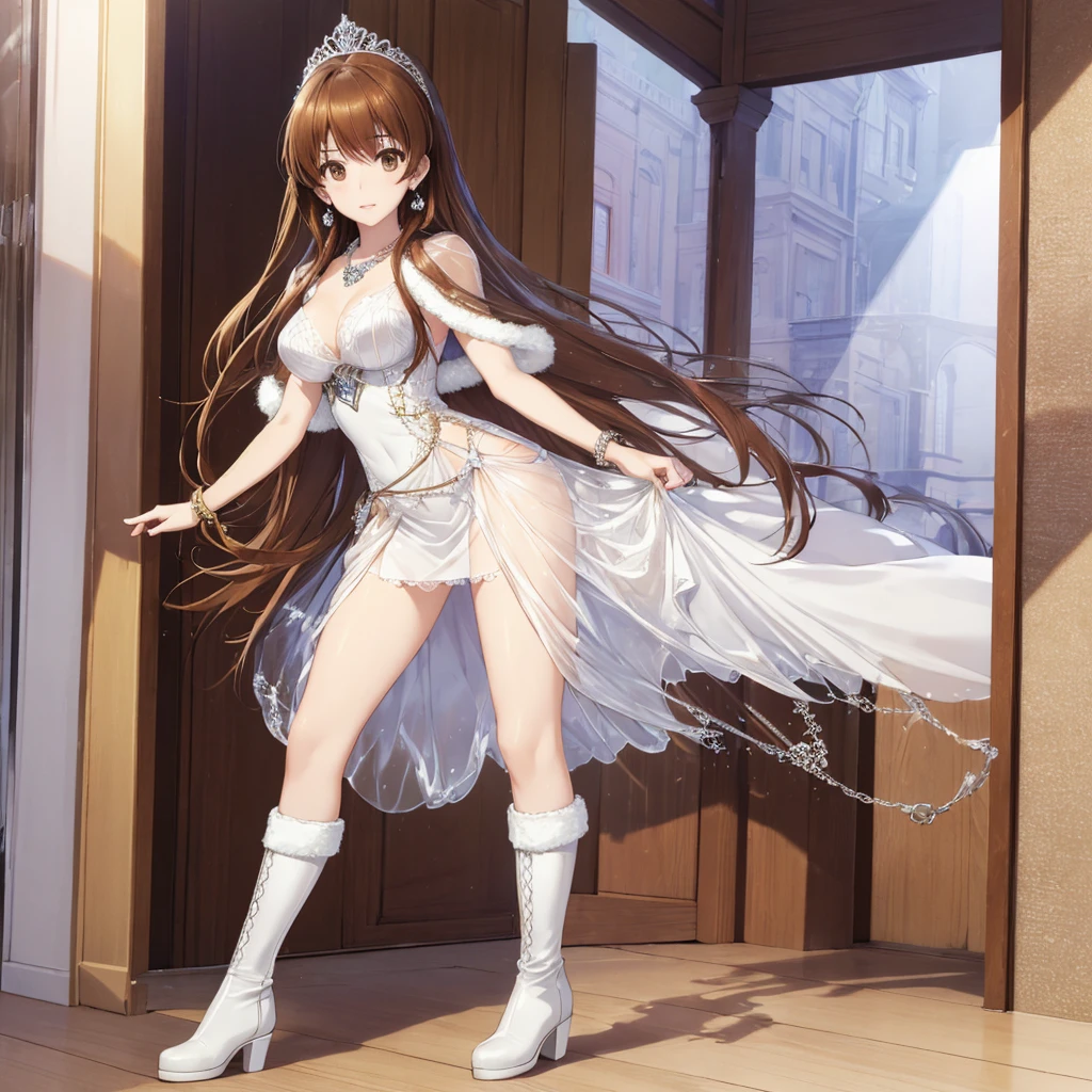 ((highest quality)), ((masterpiece)), (detailed), (Perfect Face)、The woman is Ogiso Setsuna, with long brown hair.、A gorgeous white long slit see-through dress that lets you see through to the skin, a see-through cape with fur, a necklace with jewels, a tiara, earrings, a head dress up chain, a waist chain, bracelets, ankle bracelets, etc.々She wears lavish jewelry and shiny white boots.