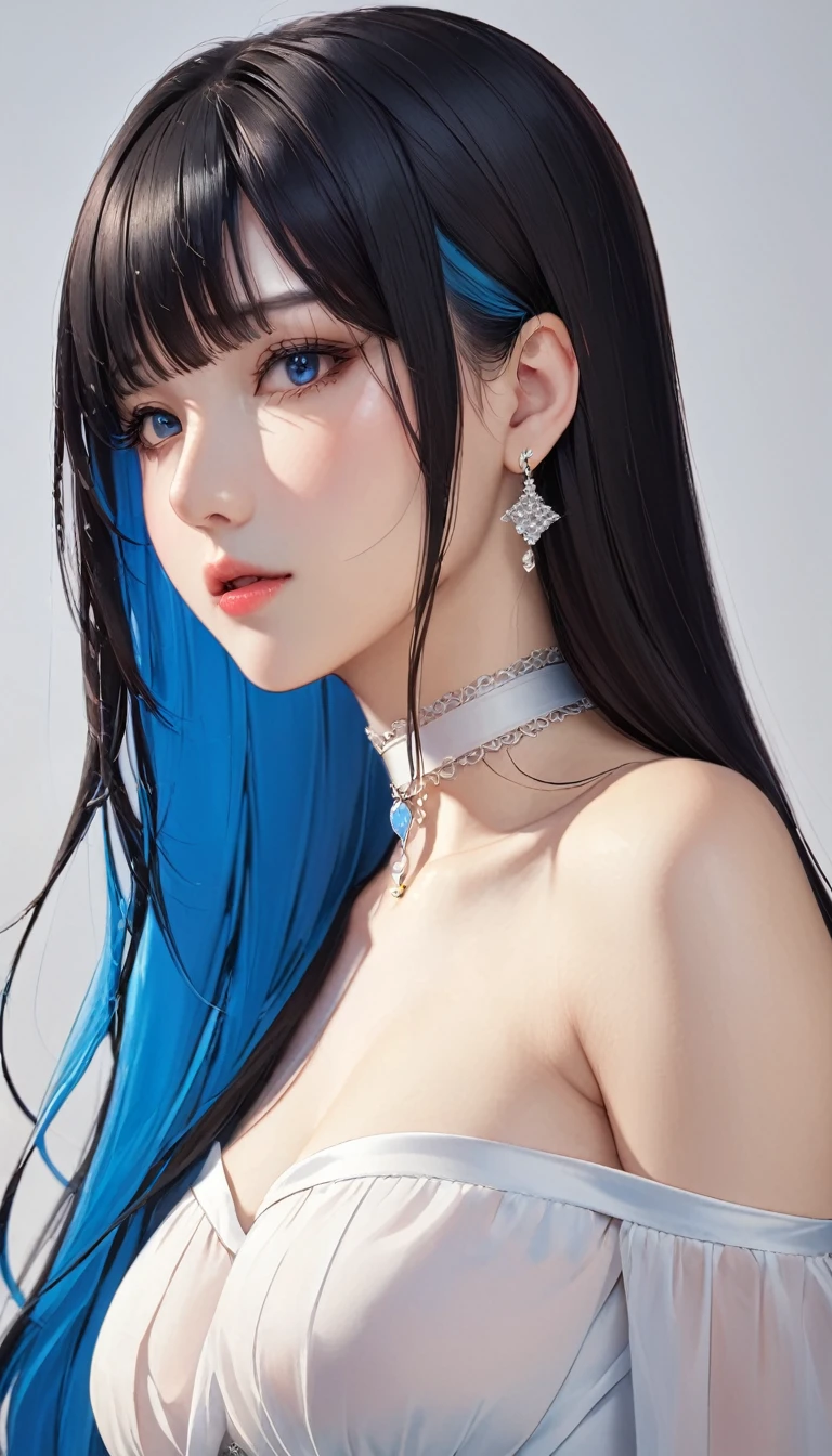 8k wallpaper, masterpiece, Cinema Lighting, highest quality, figure, Elevation, ((color: 1.1)), ((color inner hair: 1.4)), One girl, alone, Long Hair, water, blue eyes, Black glasses, choker, Lips parted, white choker, Liquid Hair, Black Hair, bangs, from ~ side, ~ side, Upper Body, Simple Background, 灰colorの背景, Exposing shoulders, Portraiture, Looking at the audience, White Dress, Hair between the eyes, 白colorの背景, Earrings,