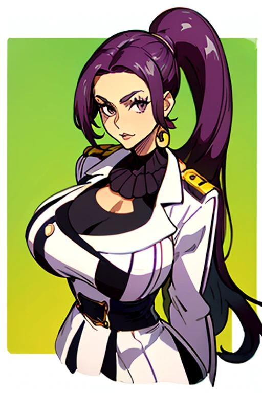 masterpiece, best quality, baccarat, black eyes, folded ponytail, white long coat, coat on shoulders,white navy soldier uniform ,epaulettes, purple shirt, blue pants, upper body, looking at viewer, large breasts, ocean, city ,(hd), (full body shot), (high resolution)