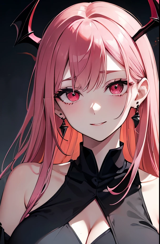 Cover magazine, score_9, score_8_up, score_7_up, score_6_up, score_5_up, score_4_up, vampire, red eyes, slit pupils, pink hair, long hair, bare shoulders, jewelry, earrings, black dress, big breast, woman, adults, demon horn, half body, upper body, half body potrait, adult woman, independent woman, cool woman, adult, Onee-san, modern style, stylish, middle age women, very very very beautiful, smile, older sister