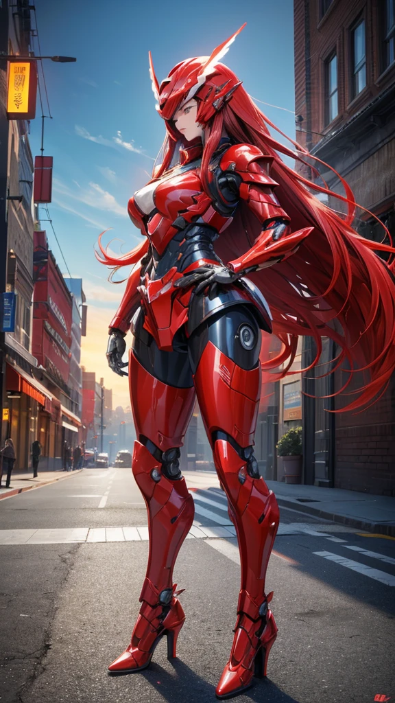 long red hair,Mecha,Large female robot , Red full body sci-fi fluorescent armor,helmet ,chest,female body,Mechanical joints,wing,Iron skirt,thigh, High heel, Standing,front,City(masterpiece, best quality, high quality, High resolution, Extremely detailed),