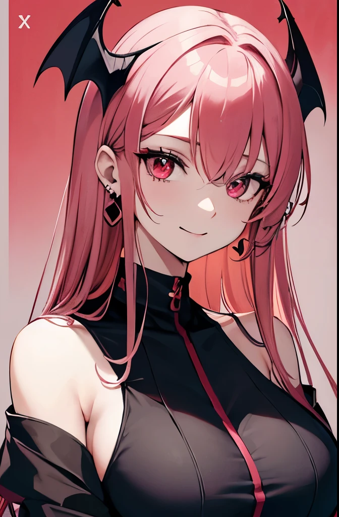 Cover magazine, score_9, score_8_up, score_7_up, score_6_up, score_5_up, score_4_up, vampire, red eyes, slit pupils, pink hair, long hair, bare shoulders, jewelry, earrings, black dress, big breast, woman, adults, demon horn, half body, upper body, half body potrait, adult woman, independent woman, cool woman, adult, Onee-san, modern style, stylish, middle age women, very very very beautiful, smile, older sister
