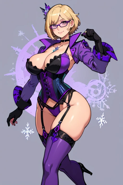 female, blonde short hair with purple trim, purple eyes, robotic, (((1girl))), (((light blue corset with purple trim))), (purple panties), (black fingerless opera gloves), (purple stockings), (black heels), (glasses), (necklace with snowflake pendant), cute and sexy, full body, large breasts, large butt, long legs, smiling