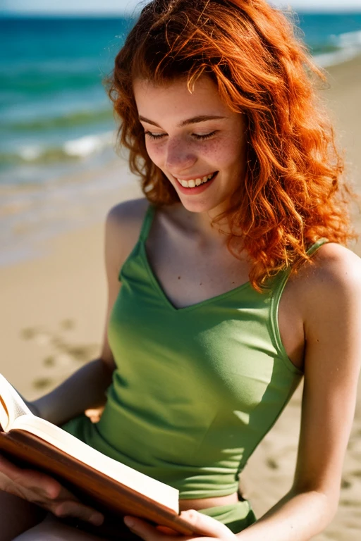 realistic photo of a 20-year-old french girl, beautiful face, elegant appearance, a green sexy top, redhead nearly orange curly hair, freckles, reading a book sits on the beach in front of the sea, relaxed expression, brimming with emotion, interplay of contrast along with detailed light and shadow, depth of field, twilight atmosphere
