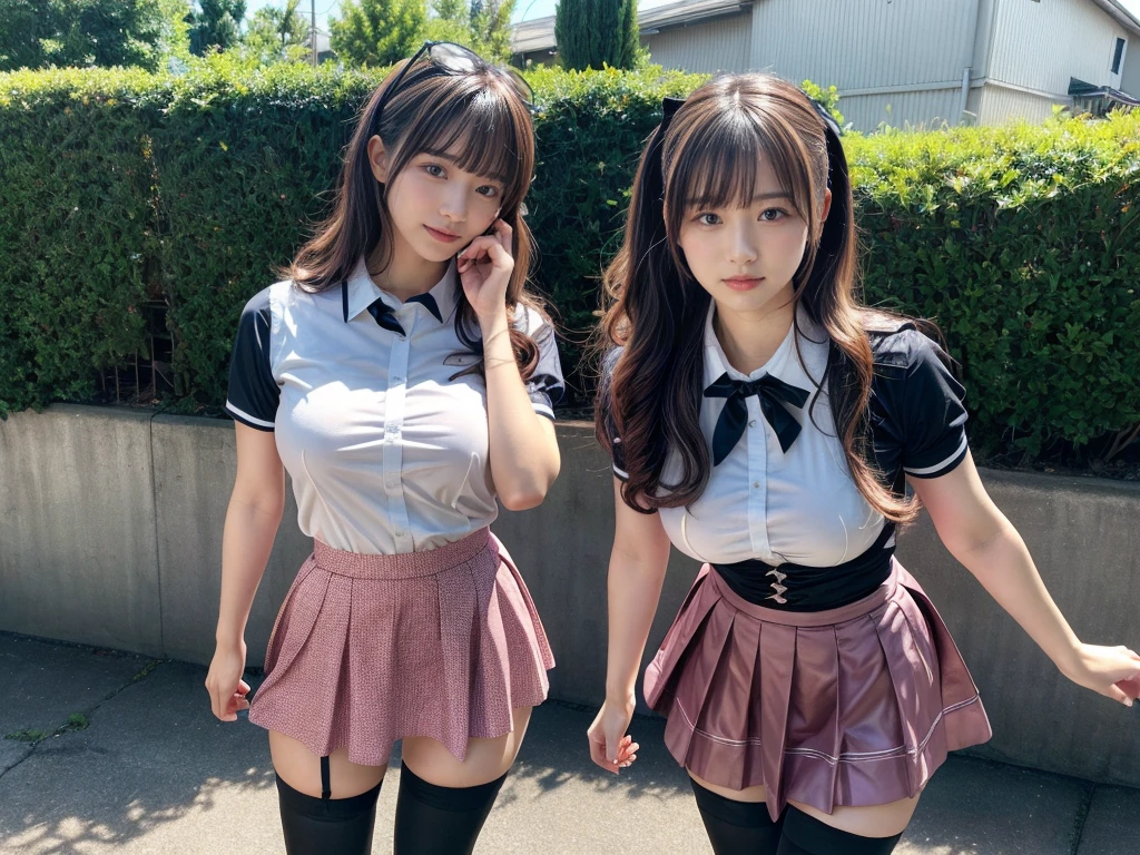 master piece, best quality, illustration, Super detailed, fine details, High resolution, 8K,wall paper, perfect dynamic composition,(Details High quality, realistic depiction of eyes:1.3), (2girls), standing, short hair, (wavy hair:1.2), (short sleeve collared dress shirt,tight skirt,thighhighs,zettai ryouiki:1.4), black hair color, Big Natural Color Lip, bold sexy pose, crying a little, Harajuku style、acrobatic pose, 20 year old girl、cute type、ta、beautiful legs, gravure idol, Japanese idol, huge breasts
