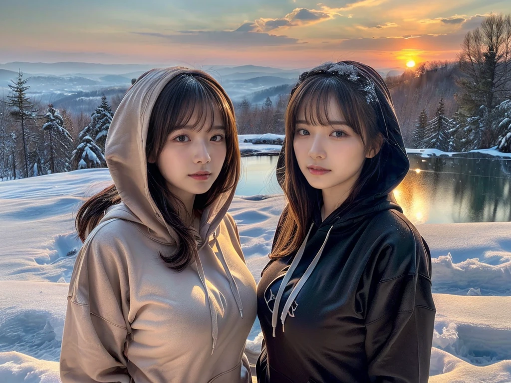 ((top-quality、8K、​masterpiece:1.3))、1girl in、Beautiful woman standing on snowy mountain:1.3、(brown long-haired、Colossal tits:1.4)、(Big Silhouette M51 Field Hoodie:1.5)、Super delicate face、Delicat eyes、double eyelid、Close-up of upper body from below、Sunset、(2girls)