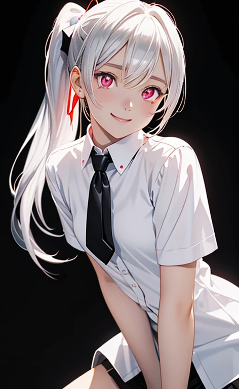 (Photorealistic:1.4)、asuna,(masterpiece、lens flare:1.pot light:1.2、Exquisite beautiful eyeonochrome:1.5,portlate、)、Cute Face、 3D Face、(pearl white hair:1.5、Sight Hair)、(low ponytail),(1 Girl)、(Red eyes:1.2)、(cowboy shot)、(fingersmile),(don't wear a tie)、 (Cute face:1.2),(small breastind face,(pearl white　collared shirt),(black background:1.5)、(glowing eyes:1.3)、()、 Neat and clean、Adorable、Slim Body(Tareme:1.5),Shiny Hair、(Glowing pink Skin)、Nijisketch,Manga,zydG