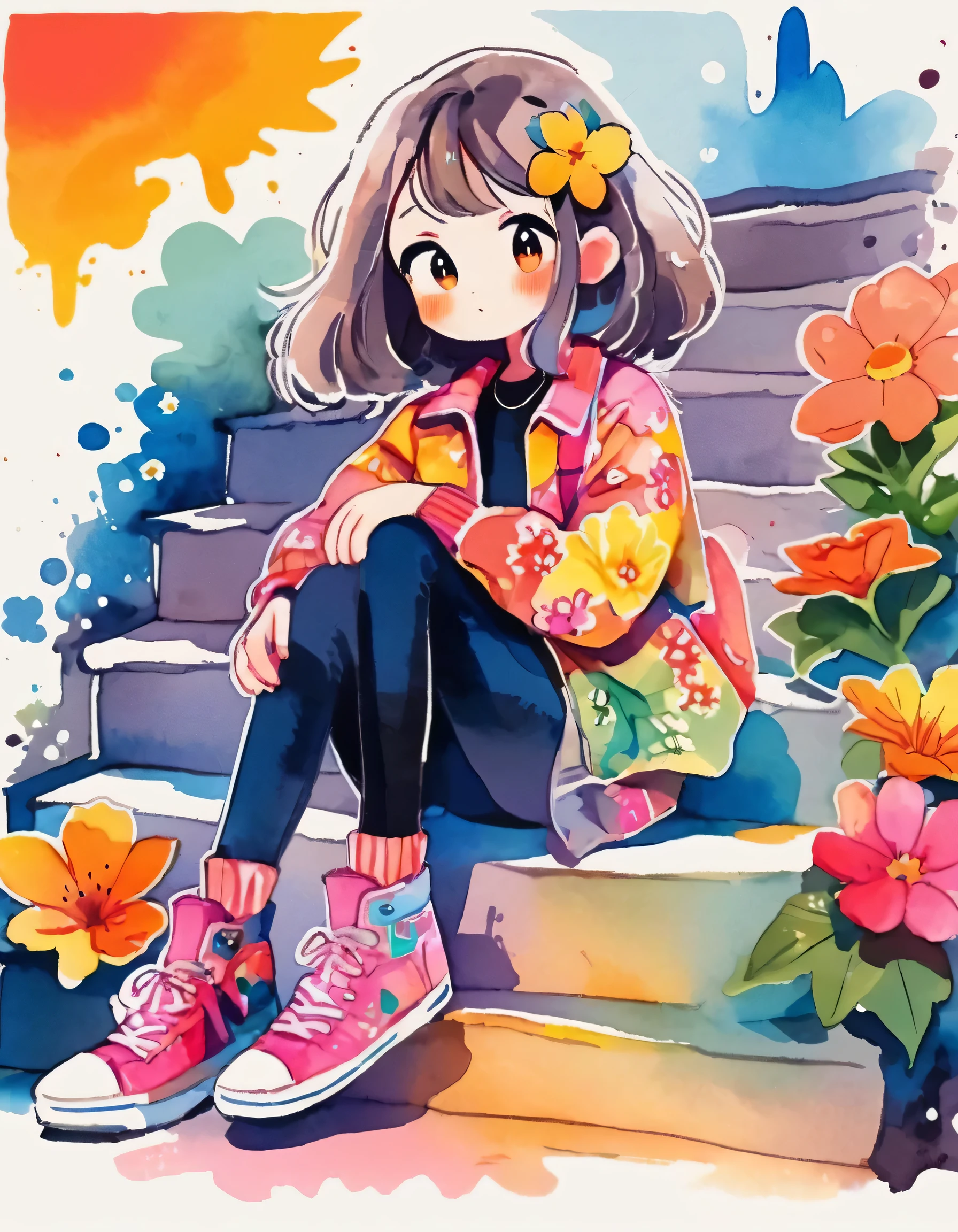 12stairs Style、(((stylish fashion))), 8K Quality、Intense watercolor, Detailed watercolor art, Watercolor splash, Surreal, avant-garde pop art, Beautiful and expressive paintings, Beautiful artwork illustration, Very colorful tones, wonderful, Cool beauty, highest quality、Official Art, Vector art, Stylish design, (((The most beautiful girl))), (((highest quality))), HDR, ((detailed)), (((Doodle Art)), ((masterpiece)), ((Super detailed)), (((Colorful flowers))),(((Stylish)))