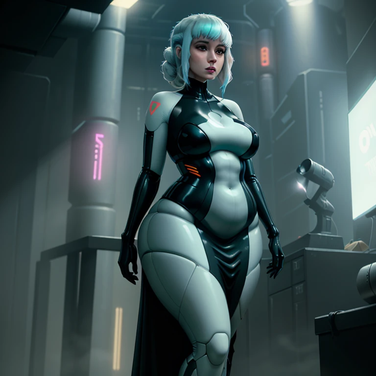 1 female replicant, Sexy gynoid female artificial human, replicant, curvy body, futuristic dress, pudgy, 1girl, beautiful hairstyle