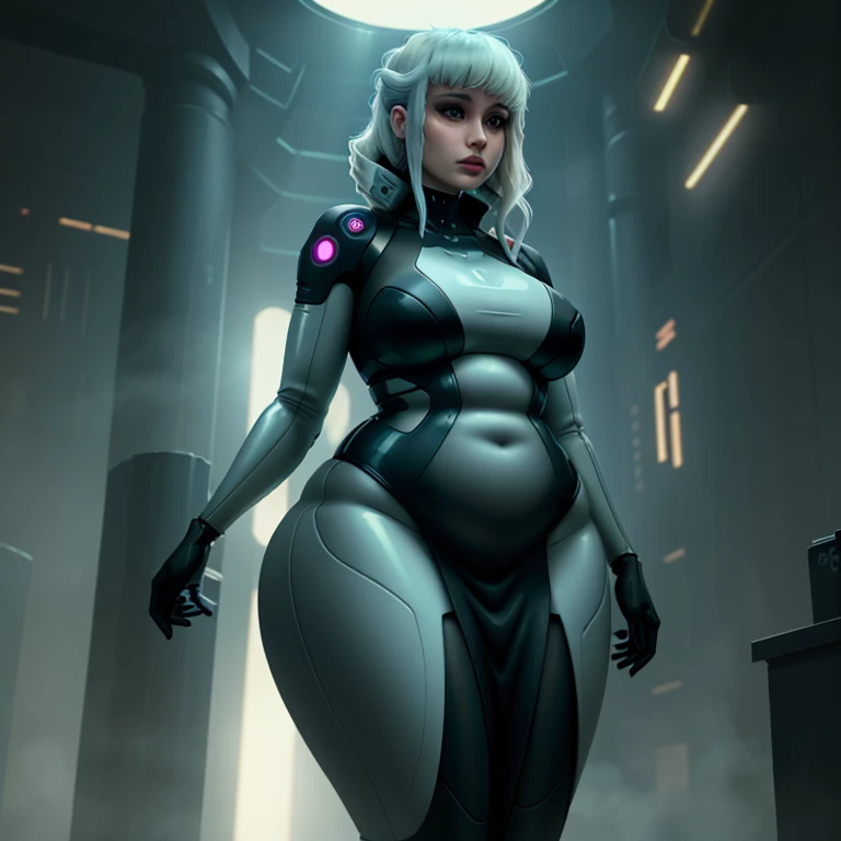 1 female replicant, Sexy gynoid female artificial human, replicant, curvy body, futuristic dress, pudgy, 1girl, beautiful hairstyle