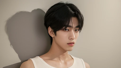 (Highly realistic photos, concentrate、High resolution, Detailed face, Detailed Hair,fine grain), ((Shooting in front of a wall))、Japanese men, 20-year-old, One boy,Only one person is in the photo、Natural look、Street Clothing Upper Body Portrait,masterpiece,Kim Tae-hyung,Kim Taehyung\(BTS\),Stage makeup,Fair skin,Broad shoulders:1.5,(Black Hair, :1.2),shy,Inside a minimalist art gallery in Tokyo,admiring a piece of contemporary art.The gallery's sophisticated lighting focuses on the artwork and him, creating a dramatic interplay of shadows and light --ar 3:4 --style raw --stylize 250