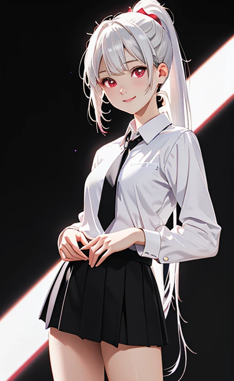 (Photorealistic:1.4)、asuna,(masterpiece、lens flare:1.5、spot light:1.2、Exquisite beautiful eyeonochrome:1.5,portlate、)、Cute Face、 3D Face、(pearl white hair:1.5、Straight Hair)、(low ponytail),(1 Girl)、(Red eyes:1.2)、(cowboy shot)、(fingersmile),(don't wear a tie)、 (Cute face:1.2),(small breasts),(),kind face,(pearl white collared shirt),(black background:1.5)、(glowing eyes:1.3)、()、 Neat and clean、Adorable、Slim Body(Tareme:1.5),Shiny Hair、(Glowing pink Skin)、Nijisketch,Manga,zydG