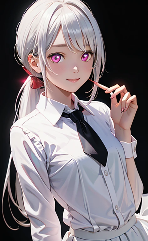 (Photorealistic:1.4)、asuna,(masterpiece、lens flare:1.5、spot light:1.2、Exquisite beautiful eyeonochrome:1.5,portlate、)、Cute Face、 3D Face、(pearl white hair:1.5、Straight Hair)、(low ponytail),(1 Girl)、(Red eyes:1.2)、(cowboy shot)、(fingersmile),(don't wear a tie)、 (Cute face:1.2),(small breasts),(),kind face,(pearl white　collared shirt),(black background:1.5)、(glowing eyes:1.3)、()、 Neat and clean、Adorable、Slim Body(Tareme:1.5),Shiny Hair、(Glowing pink Skin)、Nijisketch,Manga,zydG