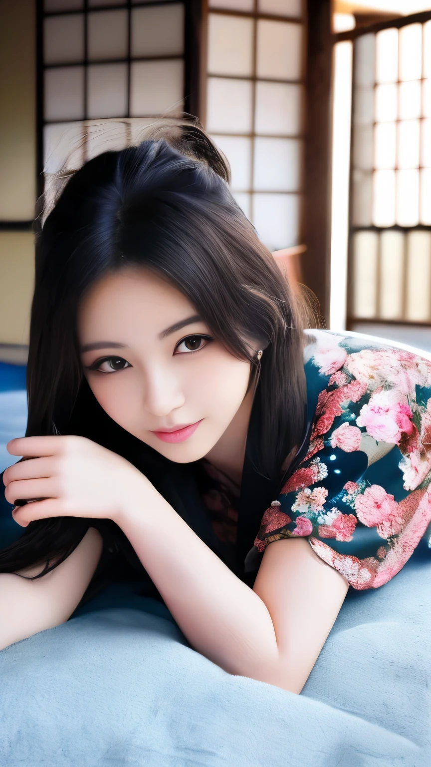 (Photorealsitic: 1.2, best qualtiy, 8K,Wetty:1.3 ), ( 20yr old, K-pop idols、 Kimono with cherry blossom pattern, Sweat: 1.2, Black hair、length hair、A smile), Fine skin, (Film Lighting), Soft light, Double eyelids, ((独奏、big butts:1.3、Colossal tits:1.3、cleavage of the breast、Bust-up shot、laying down on the bed、function、Final Fantasy、Tifa))