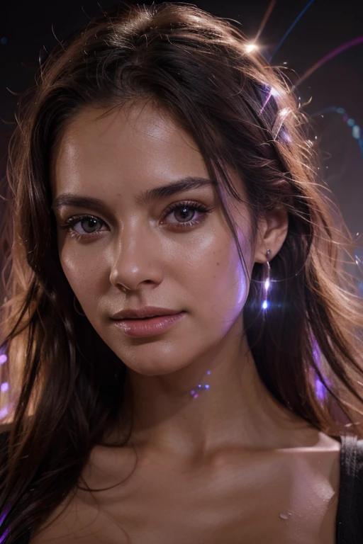 portrait of a woman with bare skin, emitting electromagnetic frequencies from her heart, vibration background, cosmic energies, lights, hyper detailed, high quality, 8K Ultra HD, hyper-realistic, professional photography