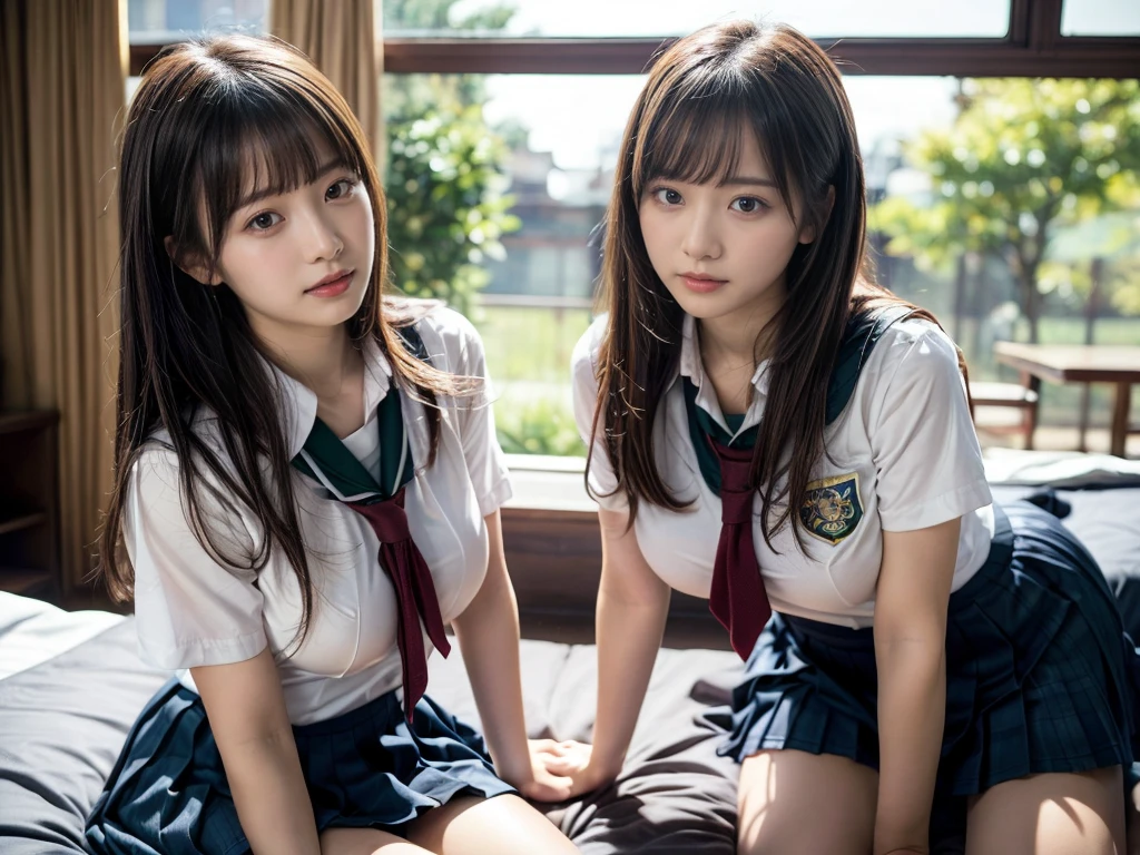 (RAW photo, 4k, masterpiece, high resolution, extremely complex) (realistic: 1.4), cinematic lighting
((2 girls, 2 schoolgirls)),Slam Dunk's,blushing,((innocent)),(Dark makeup),bright eyes,round eyes,blunt bangs,(straight hair:1.3),black hair,large breasts,wide hips,Summer Noon, 20 year old girl、cute type、ta,Hot, (Best Quality), (Highres), (an Extremely Delicate and Beautiful),(Beautiful 8k face),(Brown eyes),short bob hair,( spectators),(gigantic breasts),(Play with each other,Touching each other's bodies,Touching the body),(Japanese high school uniform:1.3),blue skirt,(reality),bright lighting,(The background is a luxury hotel room)