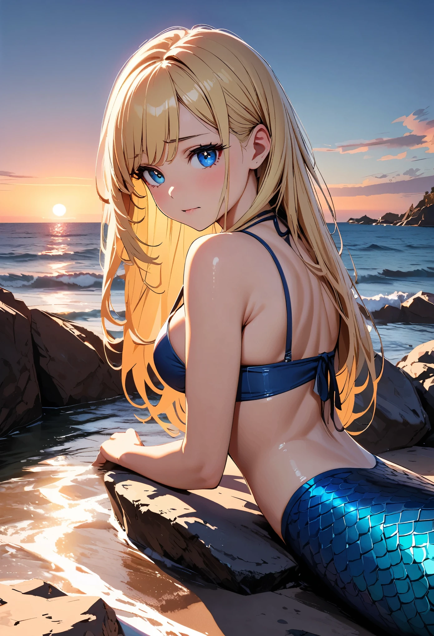 (highest quality:1.2, Very detailed, High Detail, digital coloring, High Contrast, masterpiece:1.2, highest quality, Best aesthetics), One woman, Mermaid, Blonde, Long Straight Hair, Detailed eyes, Long eyelashes, Well-formed face, Beautiful Skin, Glowing Skin, Bikini Tops, mermaid, Beautiful woman, Fish lower body, Beautiful scales, Looking out to sea from a rocky spot on the coast, sad, sunset, Magic Hour, Quiet Sea, horizontal line,