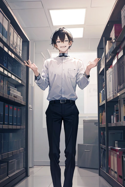 Evil office man full height watching with hands up like evil villian and smiling 