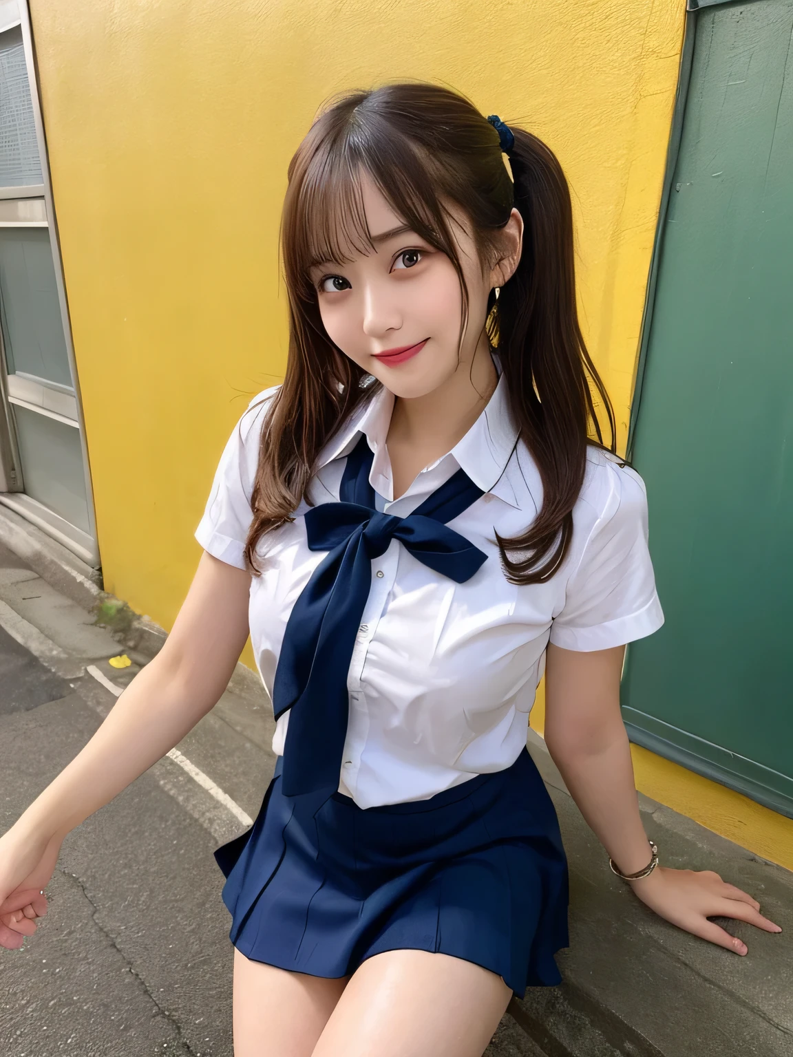 highest quality、Blonde、figure、 Blonde、Cleavage、sexy、Ultra-detailed、High resolution、8k wallpaper、Perfect dynamic composition,、Beautiful fine details、Natural color lip、Bold sexy pose、smile、14-year-old girl、cute、Sexy shot looking at the camera、(highest quality: 1.3), (masterpiece: 1.3), (Super Detail: 1.3), (One Girl: 1.1), (Detailed hands and fingers:1.2)、(Ultra-oily, lustrous skin with attention to detail:1.1)、Oily shiny knee socks、(The perfect school girl uniform:1.3)、Short-sleeved shirt with front opening、Cleavage、sexy、(Beautiful shapely small breasts:1.3)、(Red mini skirt:1.2)、I can see your thighs、Brown Hair、Twin tails、Beautiful sister、Yellow wall,sexy、I can see your thighs、