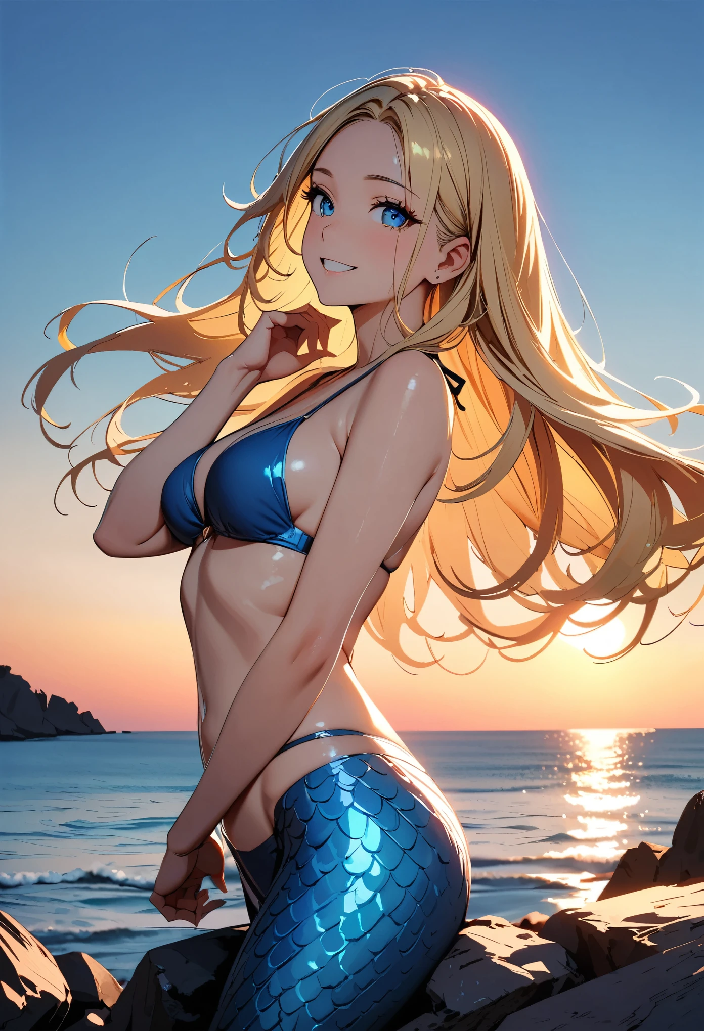 (highest quality:1.2, Very detailed, High Detail, digital coloring, High Contrast, masterpiece:1.2, highest quality, Best aesthetics), One woman, Mermaid, Blonde, Long Straight Hair, Detailed eyes, Long eyelashes, Well-formed face, Beautiful Skin, Glowing Skin, Bikini Tops, mermaid, Beautiful woman, Fish lower body, Beautiful scales, Looking out to sea from a rocky spot on the coast, smile, Open your mouth, sunset, Magic Hour, Quiet Sea, horizontal line,