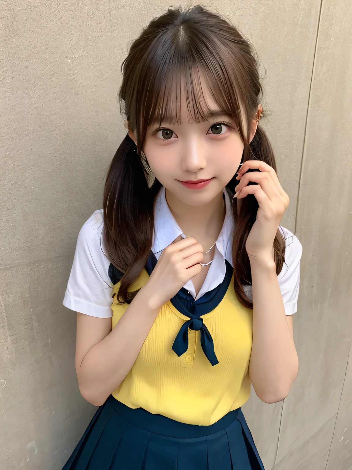 highest quality、Blonde、figure、 Blonde、Cleavage、sexy、Ultra-detailed、High resolution、8k wallpaper、Perfect dynamic composition,、Beautiful fine details、Natural color lip、Bold sexy pose、smile、14-year-old girl、cute、Sexy shot looking at the camera、(highest quality: 1.3), (masterpiece: 1.3), (Super Detail: 1.3), (One Girl: 1.1), (Detailed hands and fingers:1.2)、(Ultra-oily, lustrous skin with attention to detail:1.1)、Oily shiny knee socks、(The perfect school girl uniform:1.3)、Short-sleeved shirt with front opening、Cleavage、sexy、(Beautiful shapely small breasts:1.3)、(Red mini skirt:1.2)、I can see your thighs、Brown Hair、Twin tails、Beautiful sister、Yellow wall,sexy、I can see your thighs、