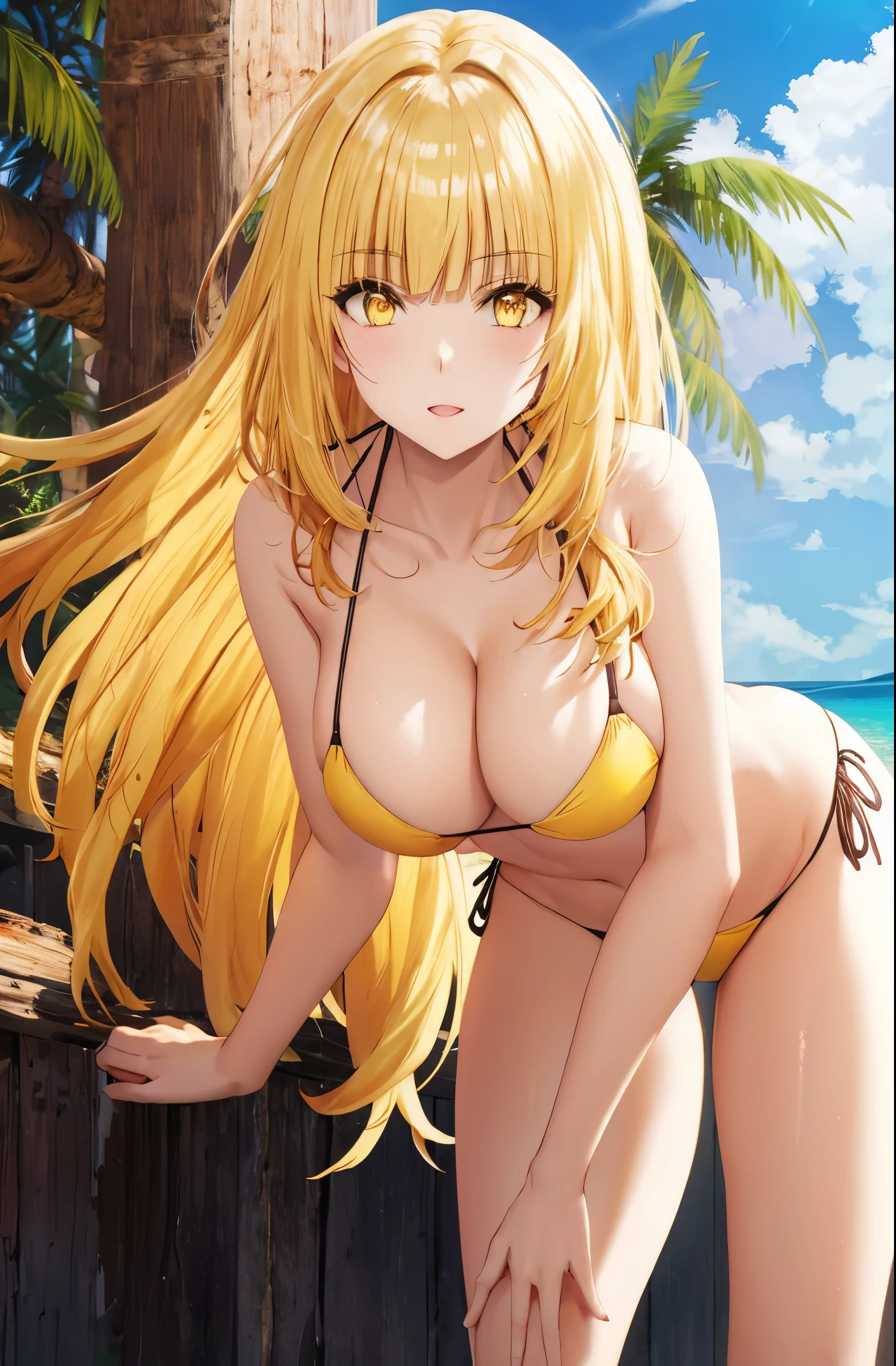 blonde,yellow eyes,(((bikini))),white skin,leaning forward
