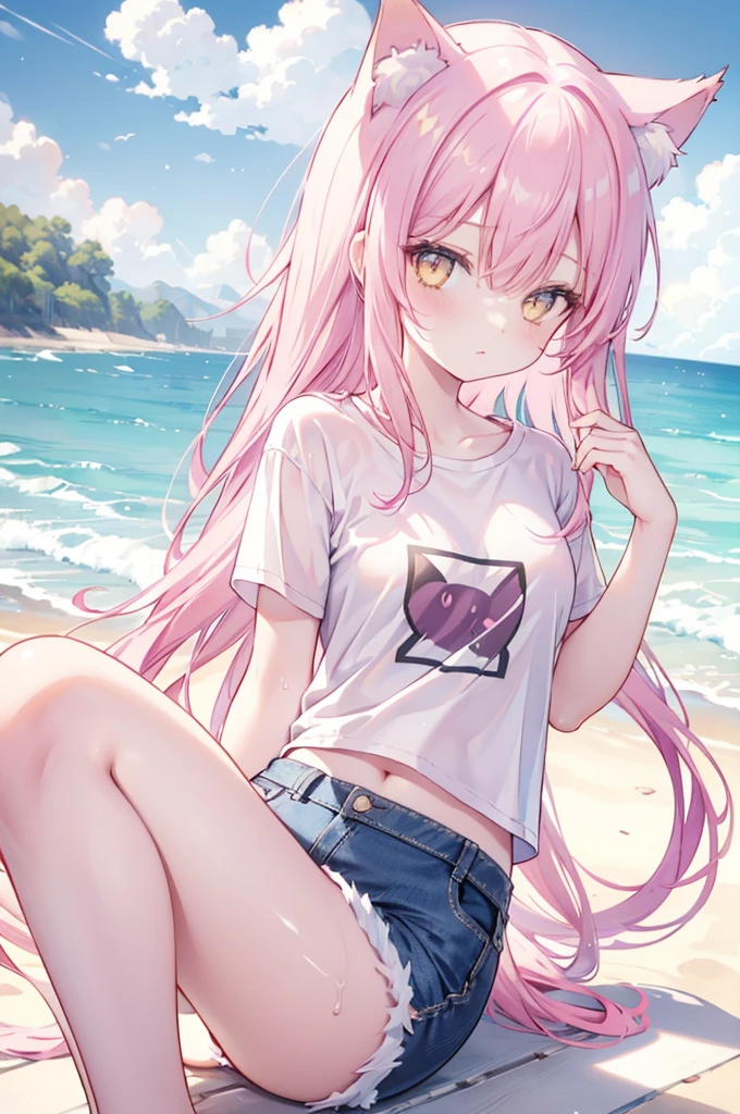 1girl, pink hair, yellow eyes, with cat ears, cat tail, wearing a plain white T-shirt, denim shorts, wet, at beach, golden sunlight, 8k, looking at viewer