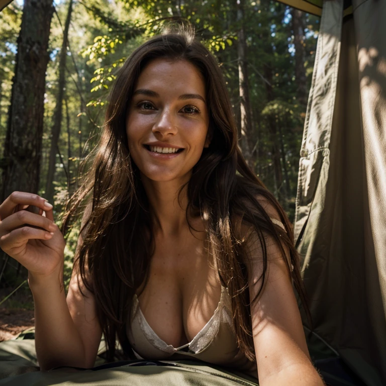 smiling woman aged 45, lying in hiking tent, underwear, camping in the woods, full body, long brown hair, cinematic atmosphere, feminine, natural, Perfect eyes, perfect hands, perfect teeth, ultra-sharp, high resolution, imperfect skin, natural skin, wide angle shot