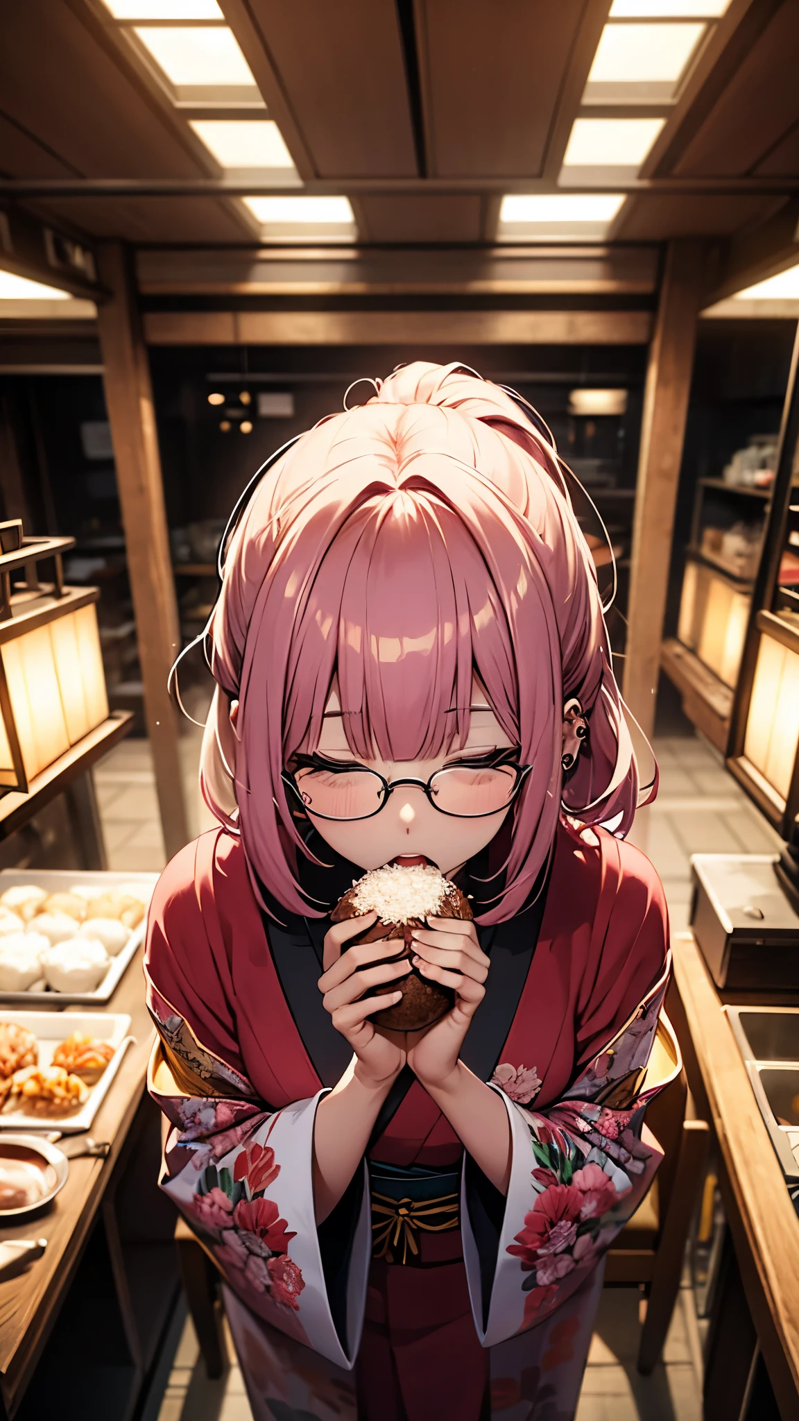 (1girl:1.3), Masterpiece, Best quality, amazing beauty, [[3D]], 4K, absurdres, finely detail, super detailed eye, perfect ???????, official art, cinematic lighting, BREAK, japanese coffee shop, silky ponytail, blunt bangs, pink hair, super shiny detailed green eyes, big eyes, eyes closed, thin eyebrow, Gazing at Something Off-Frame, open-mouth, thin lips, pink lips, eyewear, piercing, eating a rice ball, sitting chair, BREAK ,usually, tall, slim, white skin, Sidelighting, shoot from above, BREAK , Flower-patterned Kimono, BREAK,(Glasses)